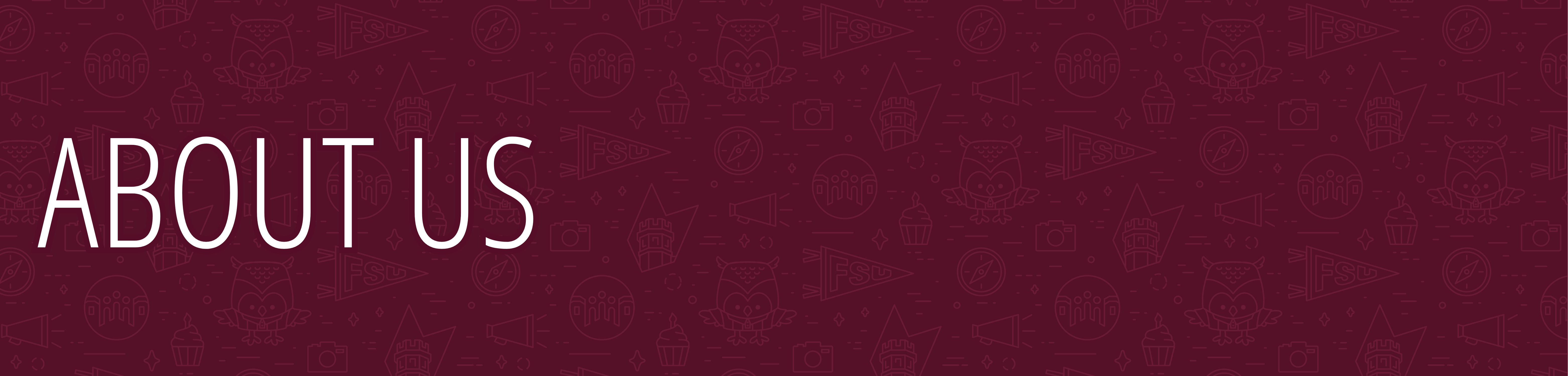 The image features the text "ABOUT US" in large white letters on a maroon background with various outlined graphics, including owls and university-related symbols.