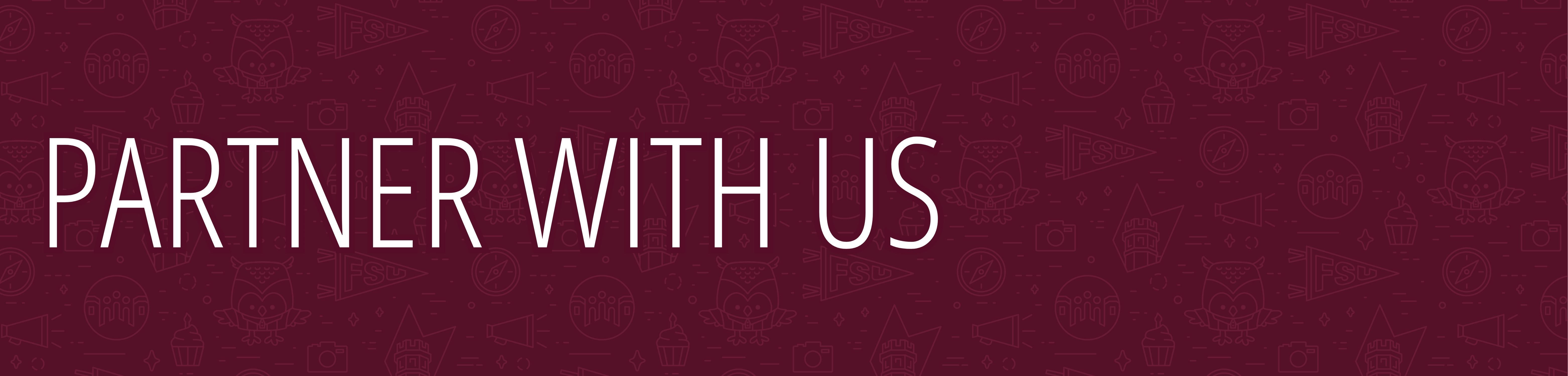 The image features the text "PARTNER WITH US" in large white letters on a maroon background with various outlined graphics, including owls and university-related symbols.