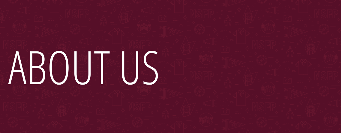 The image features the text "ABOUT US" in large white letters on a maroon background with various outlined graphics, including owls and university-related symbols.