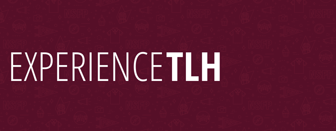 The image features the text "EXPERIENCE TLH" in large white letters on a maroon background with various outlined graphics, including owls and university-related symbols.