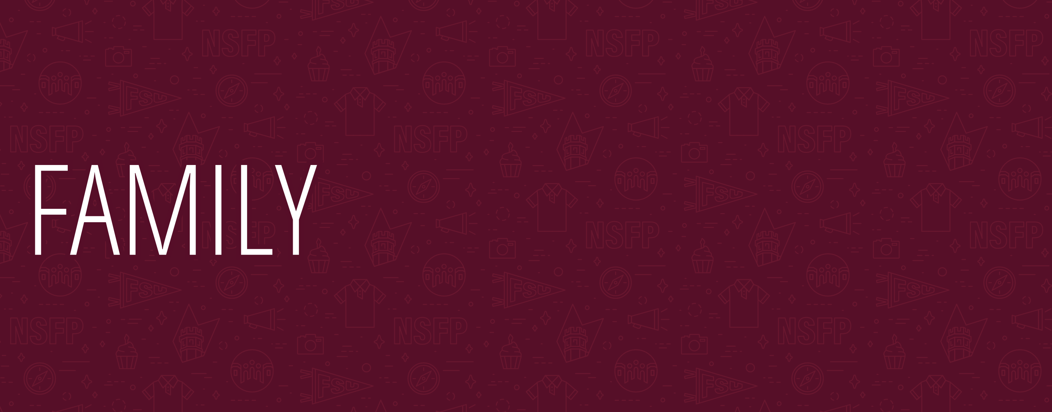 The image features the text "FAMILY" in large white letters on a maroon background with various outlined graphics, including owls and university-related symbols.