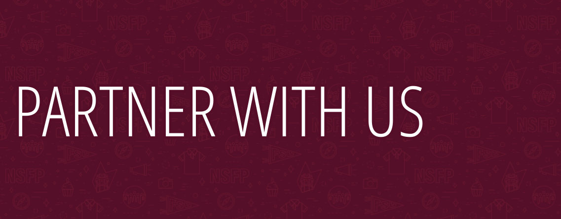 The image features the text "PARTNER WITH US" in large white letters on a maroon background with various outlined graphics, including owls and university-related symbols.