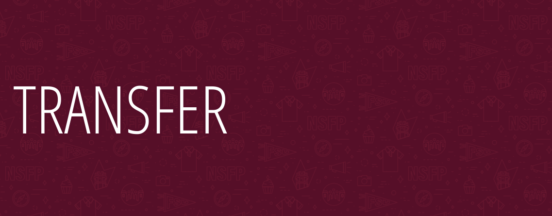 The image features the text "TRANSFER" in large white letters on a maroon background with various outlined graphics, including owls and university-related symbols.
